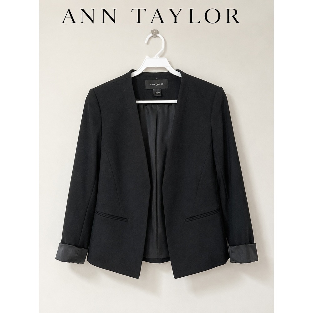 Ann Taylor Black Open Front Career Blazer Jacket Large Minimalist
